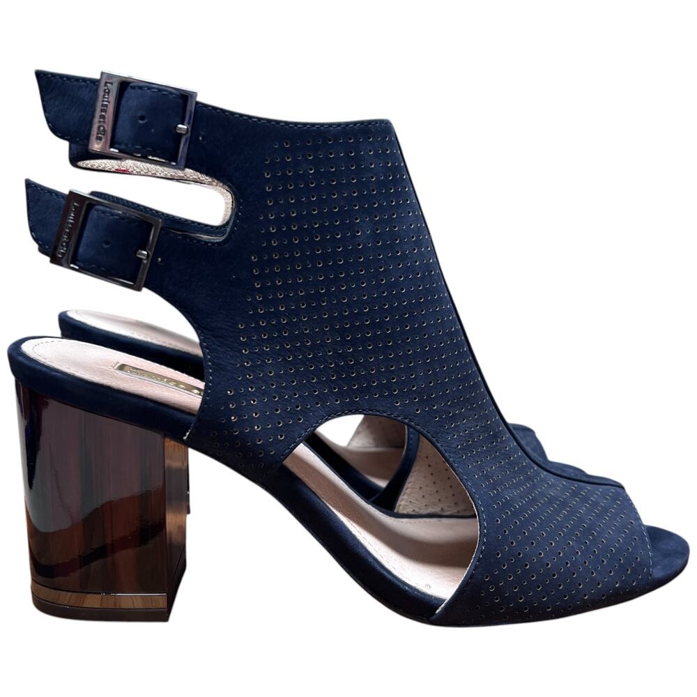 LOUISE ET CIE Lo-Vanita Women's 38.5/US 8.5 Navy Suede Sandal Tortoise Heel - Picture 6 of 16